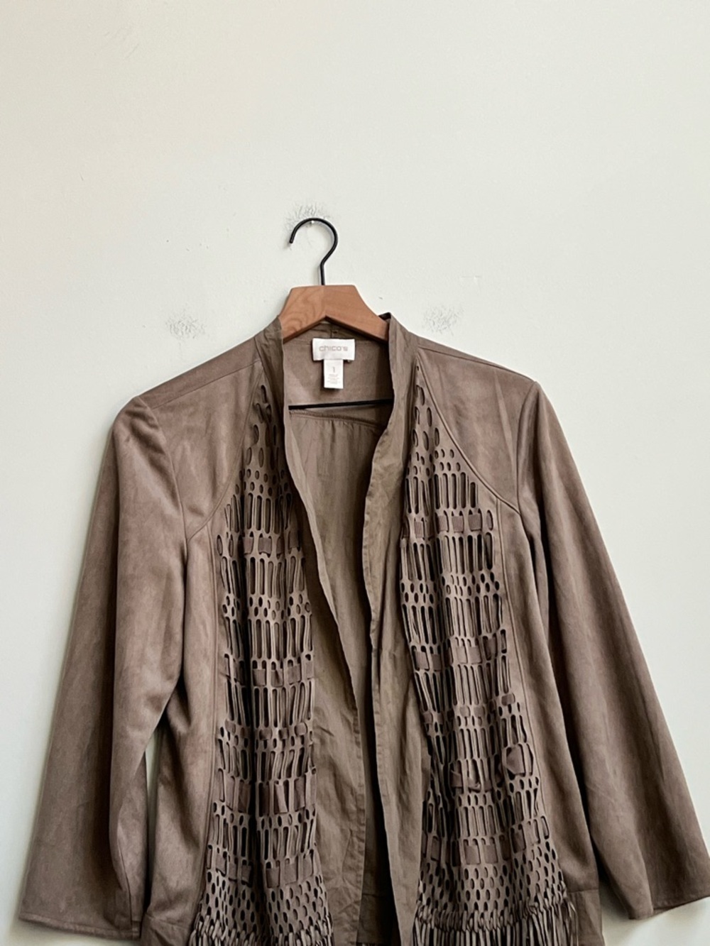 Chicos Jacket 1 US Medium Tan Faux Suede Lattice Fringe Cowgirl Boho Western - Picture 4 of 12
